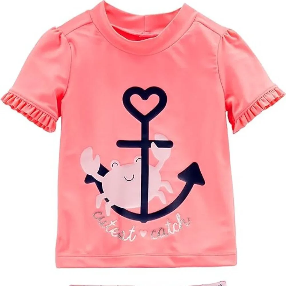 Simple Joys by Carter's Girls' 2-Piece Rashguard Pink Anchor Print Pink Crab​